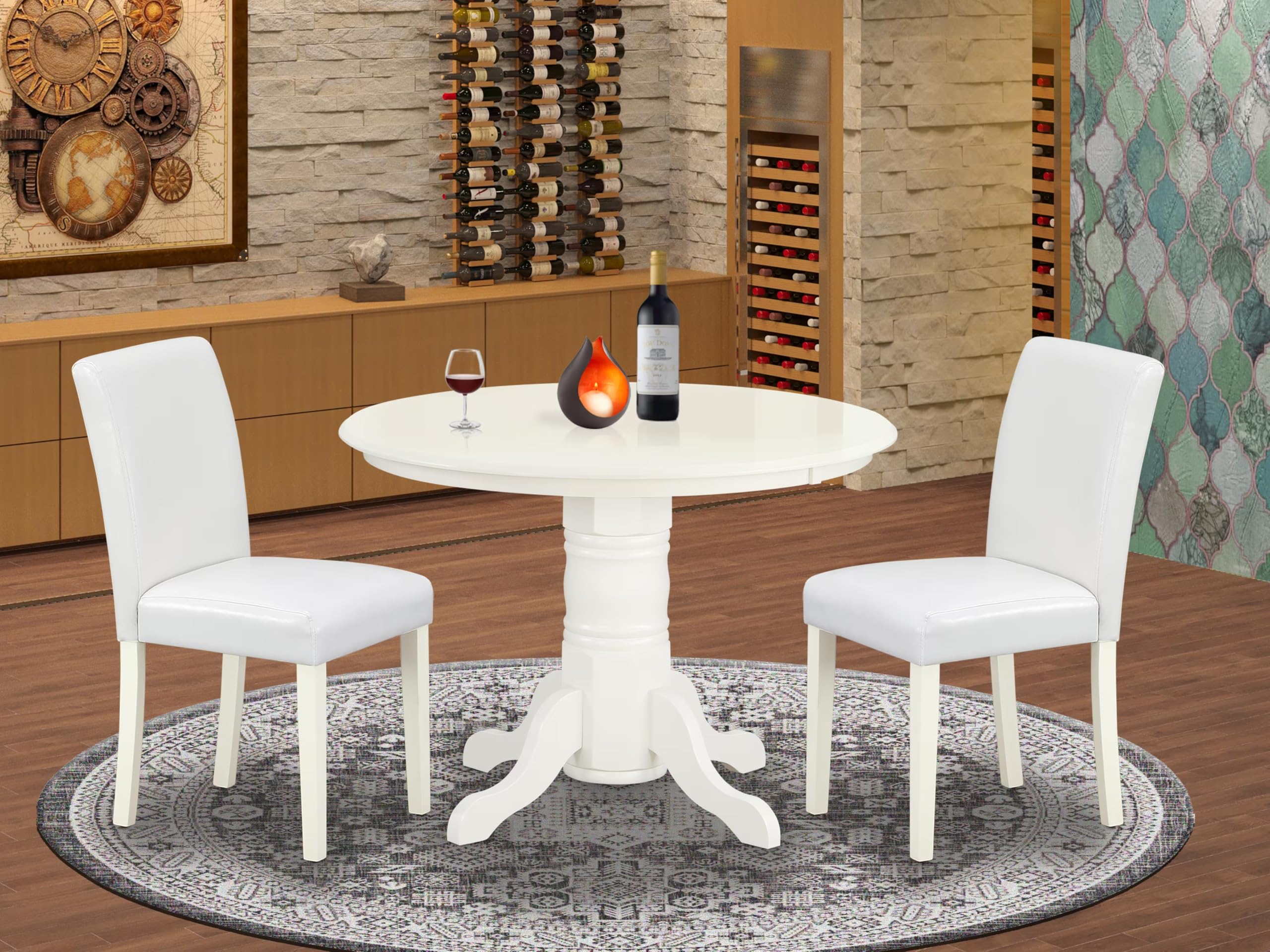 East West Furniture Shab3-Lwh-64 3 Piece Dining Room Table Set Contains A Round Wooden Table With Pedestal And 2 White Faux Leather Upholstered Parson Chairs, 42X42 Inch, Linen White